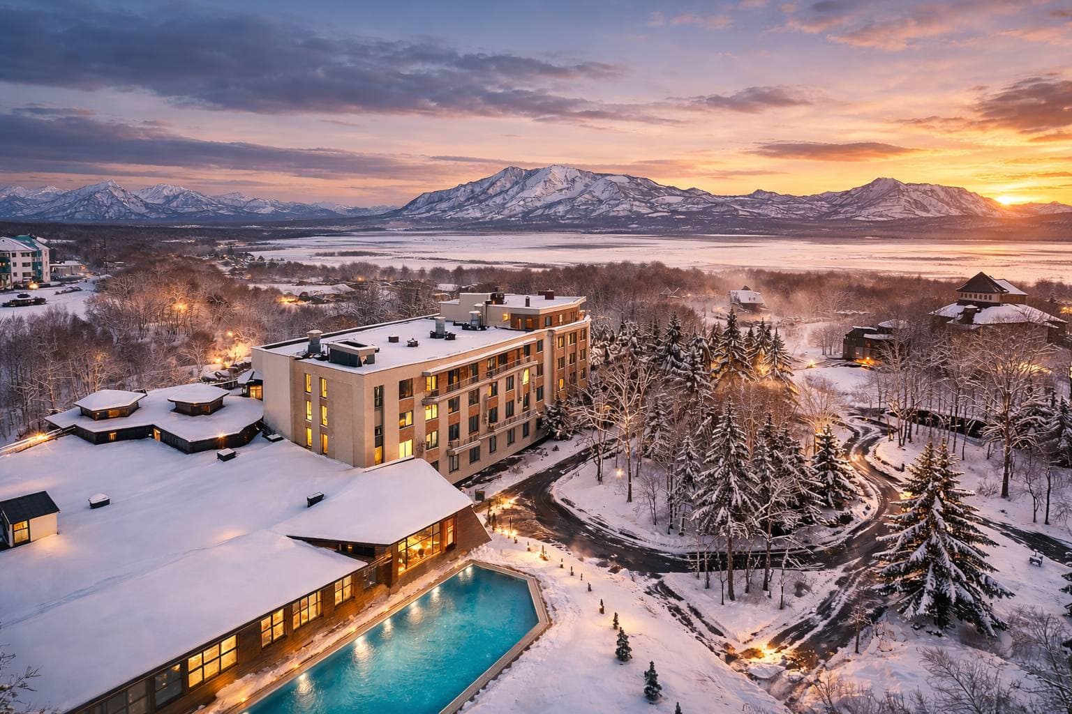 Спутник Камчатка зимой с видом на бассейн и горы